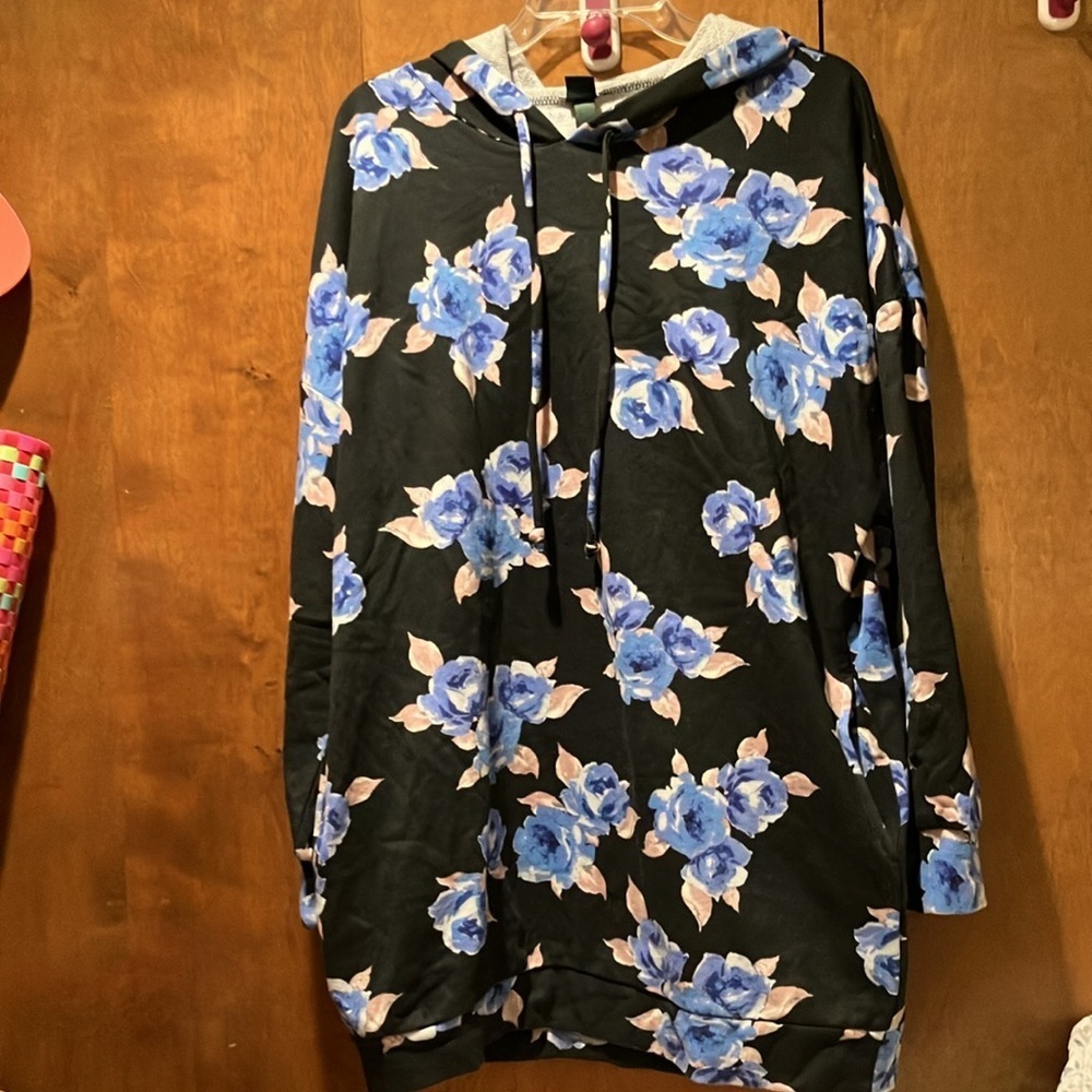 Wild Fable Black and Blue Long Sleeve Floral Hooded Sweatshirt Dress Size Large - Picture 4 of 9